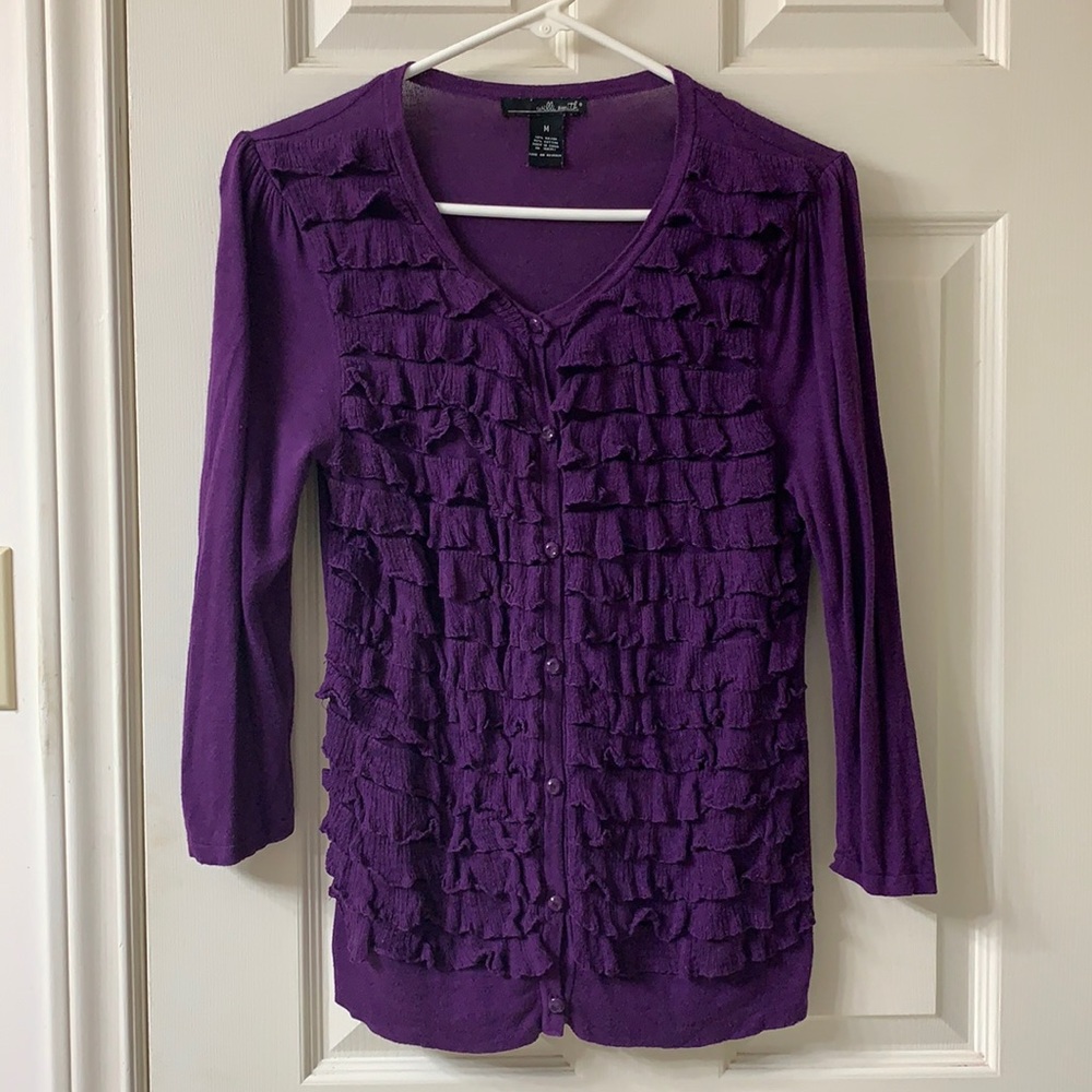 🌷3 for $25🌷Willi Smith, US M, Purple Ruffle Front 3/4 Sleeve V-Neck Cardigan